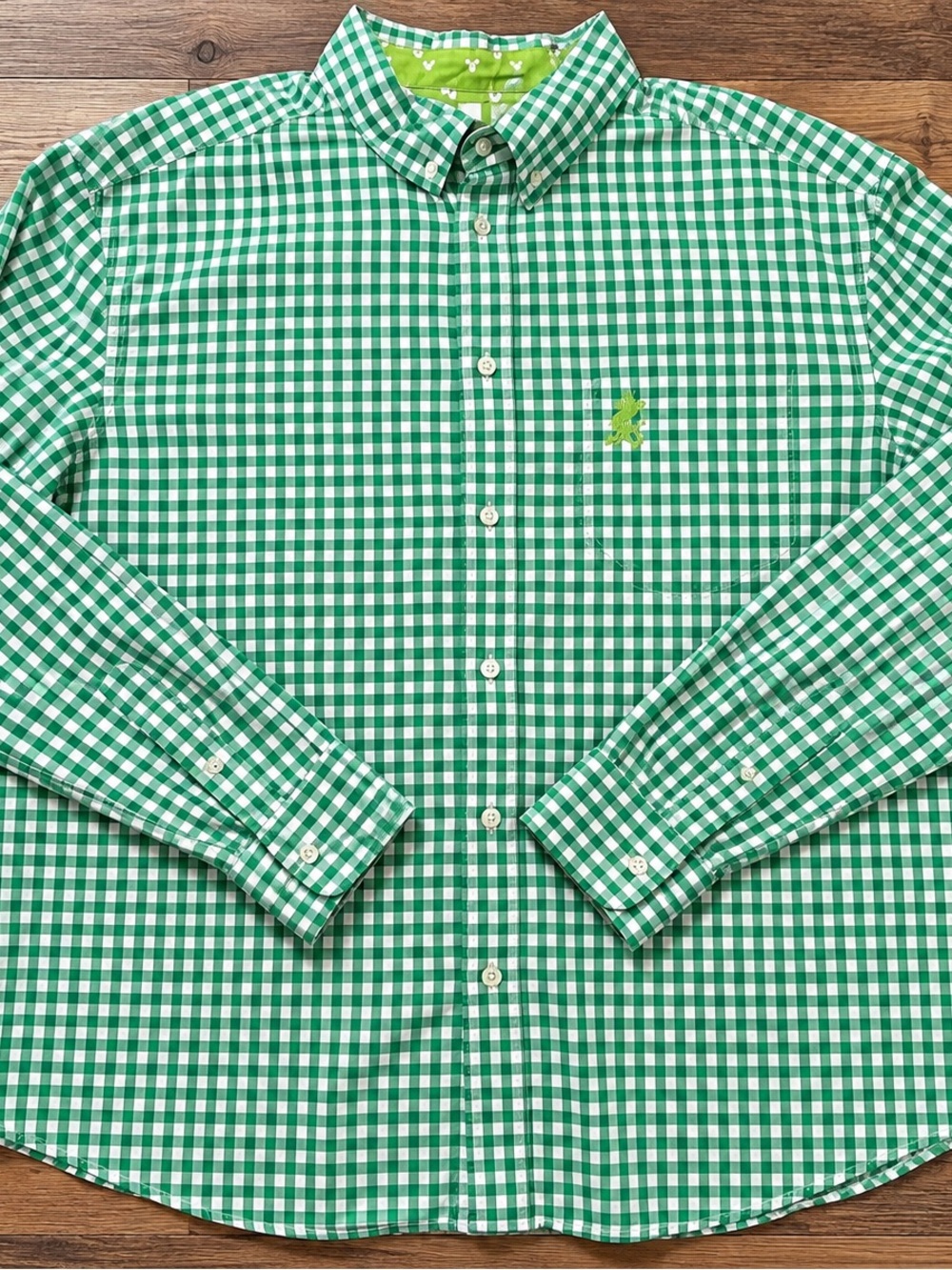 Disney Men's Green and White Gingham Button-Down Shirt